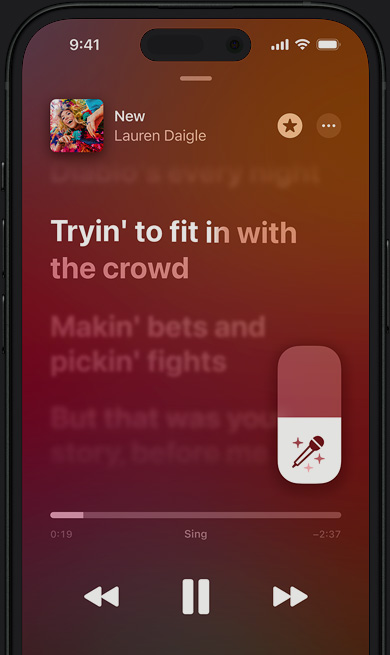 Apple Music Sing-läge på iPhone som spelar låten New av Lauren Daigle