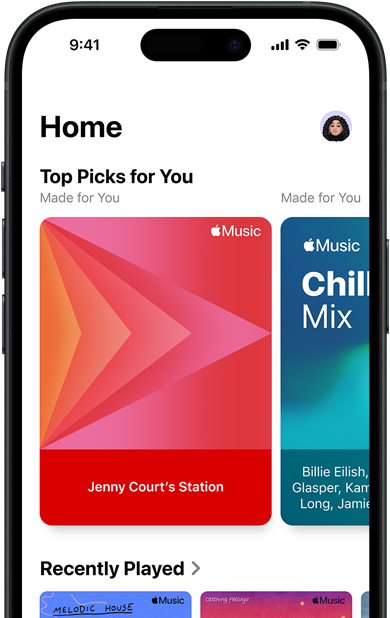 Hjem-fanen i Musikk-appen på iPhone, Top Picks for You-bildekarusellen viser tilpassede stasjoner og spillelister for Jenny Court