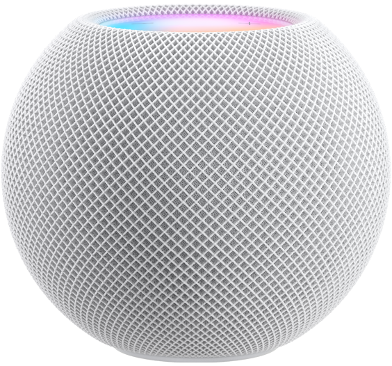 HomePod mini blanc avec surface supérieure colorée dont on n’aperçoit que le bord.