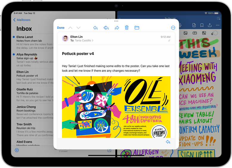 „Mail“ ir „GoodNotes“ programų langai greta vienas kito „iPad“ ekrane. El. laiškas atidarytas atskirame lange