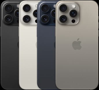 iPhone 15 Pro Max četrās dažādās krāsās, skats no aizmugures