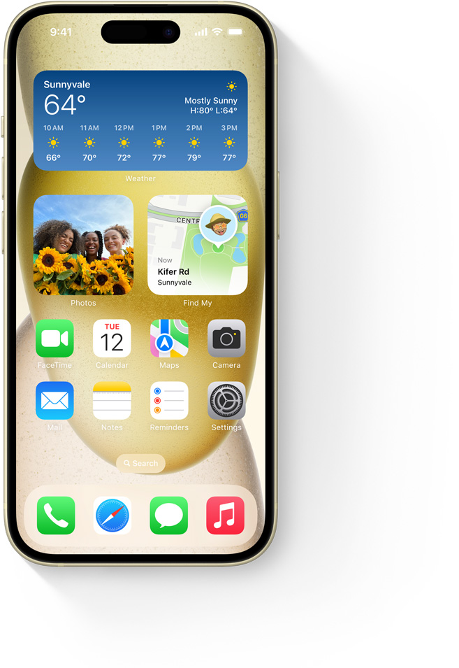 Super Retina XDR-display van iPhone 15 waarop in de Weer-app te zien is dat het een zonnige dag is.