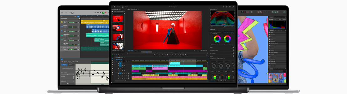 Tampilan depan MacBook Air yang memperlihatkan proyek Logic Pro. Tampilan depan MacBook Pro yang memperlihatkan proyek Final Cut Pro. Tampilan depan MacBook Air yang memperlihatkan proyek iMovie.