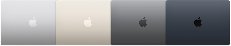 Exteriors of four MacBook Air models, showcasing four different finishes