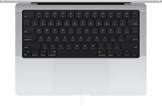 Widok z góry na otwartego MacBooka Pro 14 cali z gładzikiem Force Touch umieszczonym poniżej klawiatury