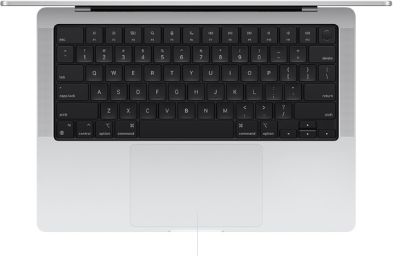 Ylhäältä kuvattu avoinna oleva 14 tuuman MacBook Pro, jossa näkyy Force Touch ‑ohjauslevy näppäimistön alla