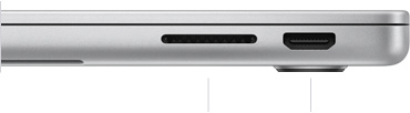 MacBook Pro 14 cali z M3, zamknięty, widok na prawy bok, widać gniazdo na kartę SDXC i port HDMI