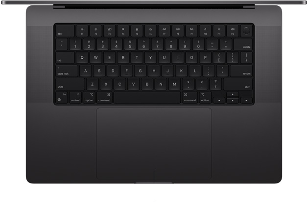  Vedere de sus în jos a unui MacBook Pro de 16 inchi, deschis, prezentând trackpad-ul Force Touch situat sub tastatură