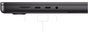 MacBook Pro de 16 inchi, închis; partea stângă prezintă portul MagSafe 3, două porturi Thunderbolt 4 și mufa pentru căști