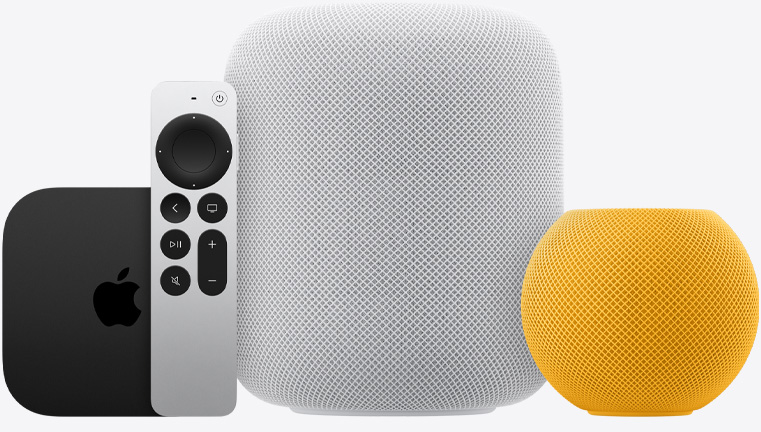 Apple TV 4K, Siri Remote, one White HomePod and one Yellow HomePod mini pictured side-by-side