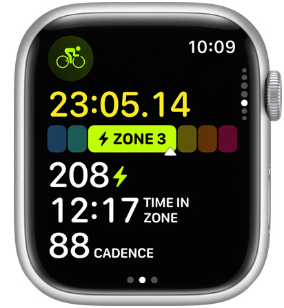 Cadran d’Apple Watch montrant une option de la vue d’entraînement par zone de puissance, associée à un capteur de puissance