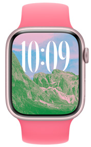 Apple Watch 上正展示風景相片錶面，選用了自訂時間尺寸和語言文字