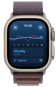 Egy Apple Watch Ultra kijelzőjén egy Egyenletes edzésterhelési trend látható egyhetes időszakban