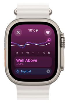 Egy Apple Watch Ultra kijelzőjén egy Jóval felette edzésterhelési trend látható egyhetes időszakban