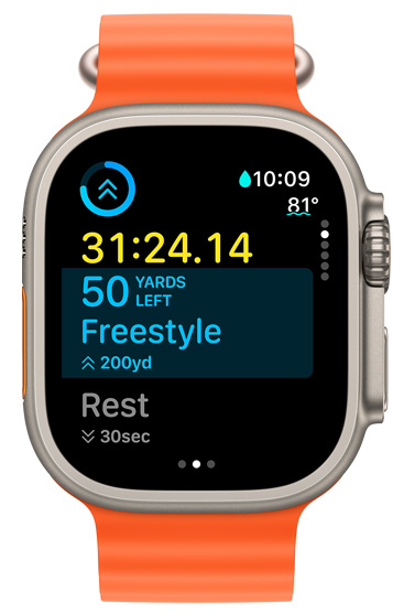 Egy Apple Watch Ultra kijelzőjén látható az aktuális intervallum időtartama, valamint hogy mennyi van hátra az egyéni edzésből