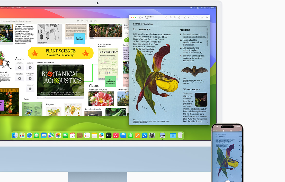 Cùng một tài liệu scan trên iPhone 15 đang mở trên cả iMac lẫn iPhone.