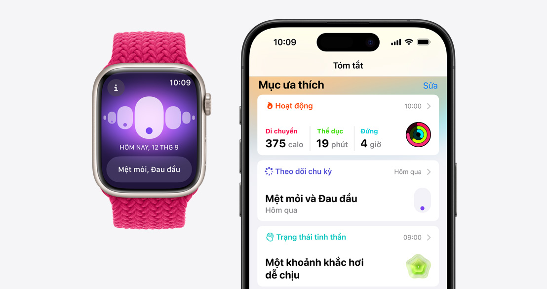 Apple Watch Series 9 hiển thị ứng dụng Theo Dõi Chu Kỳ và iPhone 15 Pro với ứng dụng Sức Khỏe hiển thị thông tin của tính năng Theo Dõi Chu Kỳ.