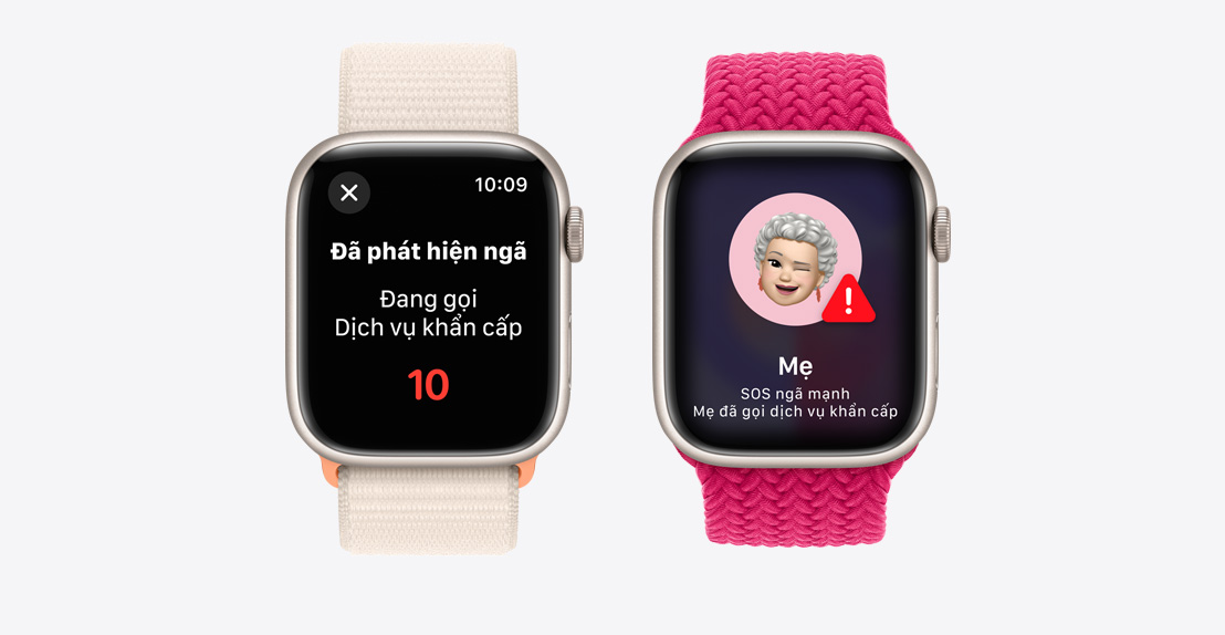 Hai chiếc Apple Watch Series 9. Chiếc đầu tiên hiển thị màn hình phát hiện một cú ngã và thiết bị đang gọi các dịch vụ khẩn cấp. Chiếc thứ hai hiển thị đã phát hiện thấy 