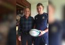 Ian Murchie (left) presenting the match ball to then Accies captain Stuart Lamont before a game in 2016.