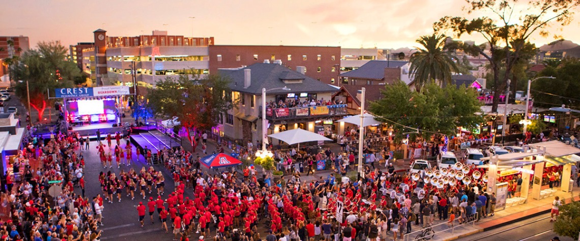 Aerial view of bear down friday celebrations on University BLVD