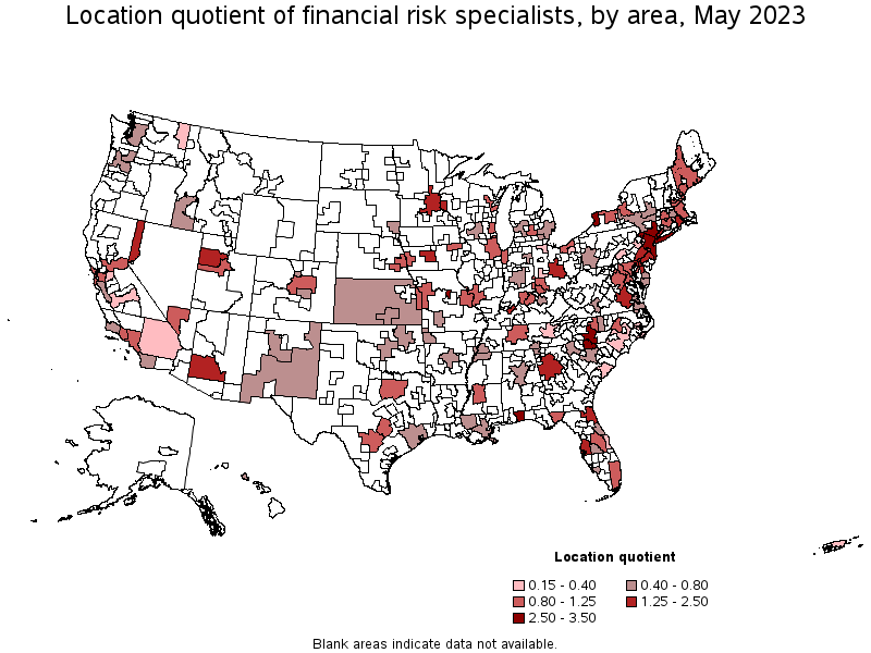 Map of location quotient of financial risk specialists by area, May 2023