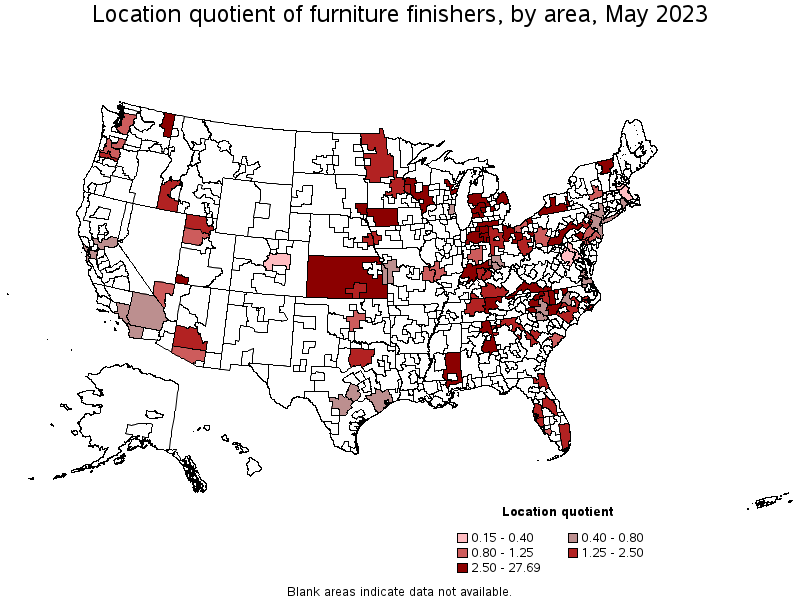 Map of location quotient of furniture finishers by area, May 2023