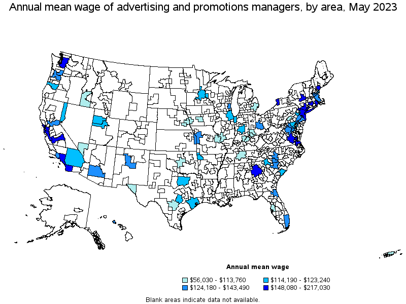 Map of annual mean wages of advertising and promotions managers by area, May 2023