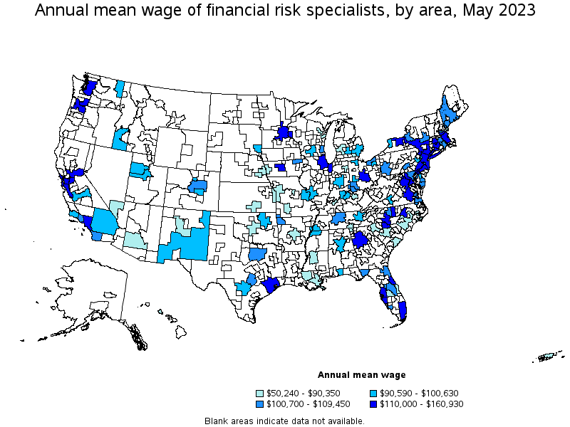 Map of annual mean wages of financial risk specialists by area, May 2023