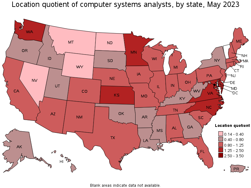 Map of location quotient of computer systems analysts by state, May 2023