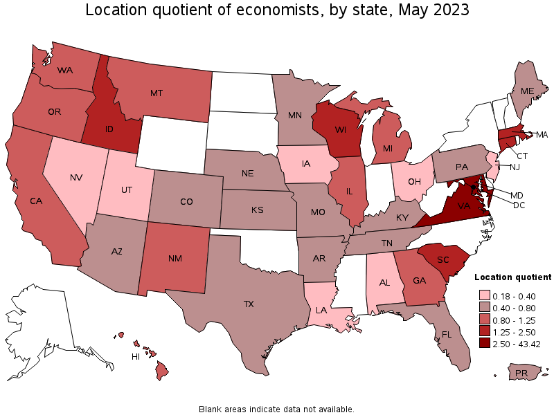 Map of location quotient of economists by state, May 2023