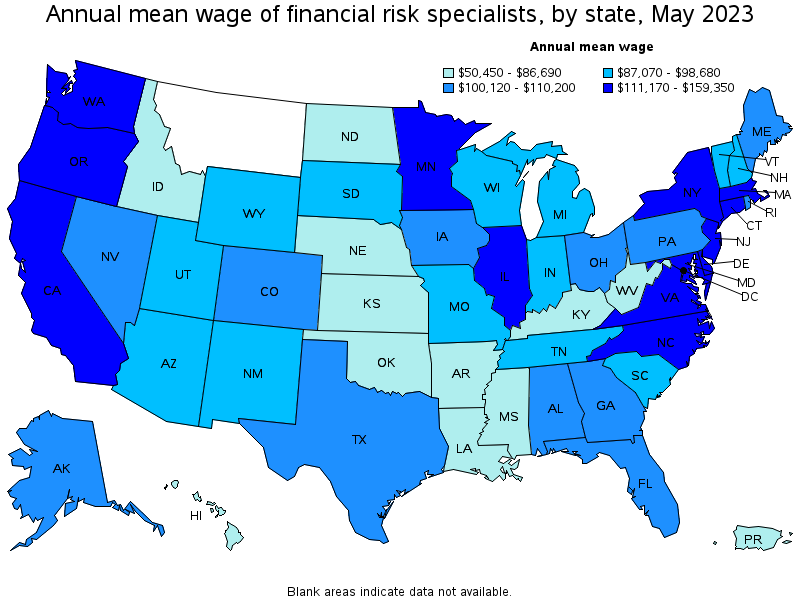 Map of annual mean wages of financial risk specialists by state, May 2023