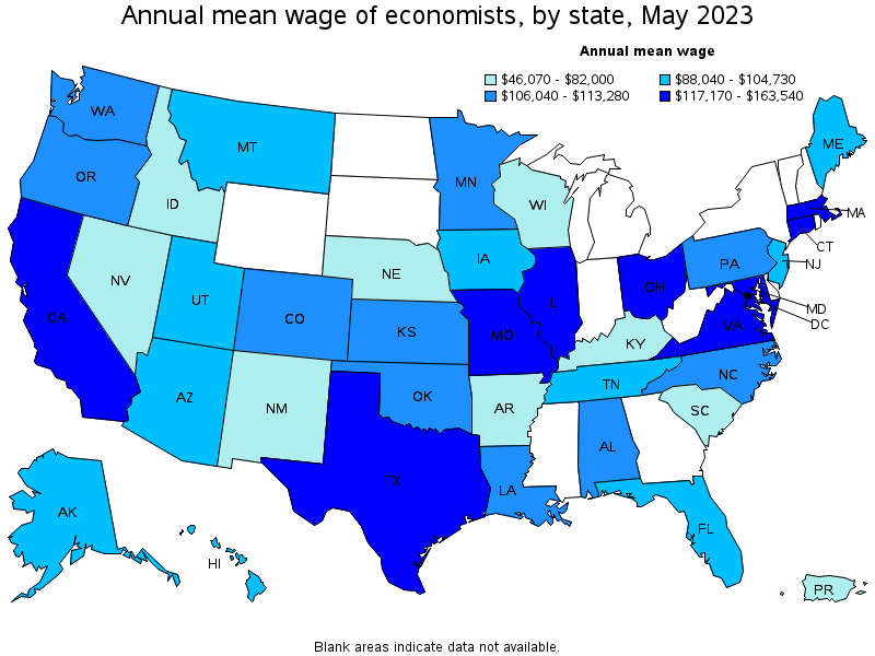 Map of annual mean wages of economists by state, May 2023