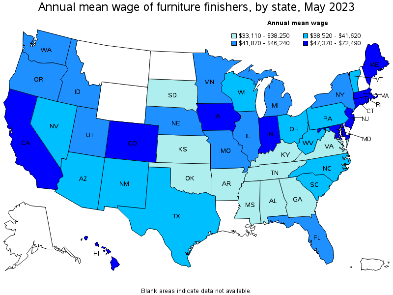 Map of annual mean wages of furniture finishers by state, May 2023