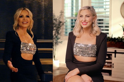 A split of Gina Kirschenheiter and Tamra Judge wearing the same dress.