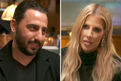 Split of Josh Altman and Tracy Tutor having a conversation during dinner.