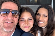 Padma Lakshmi, Adam Dell and their daughter Krishna smiling together