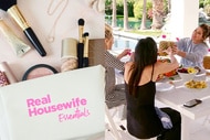 A split of makeup, beauty tools, and a makeup bag, and Gina Kirschenheiter, Heather Dubrow, and Emily Simpson.