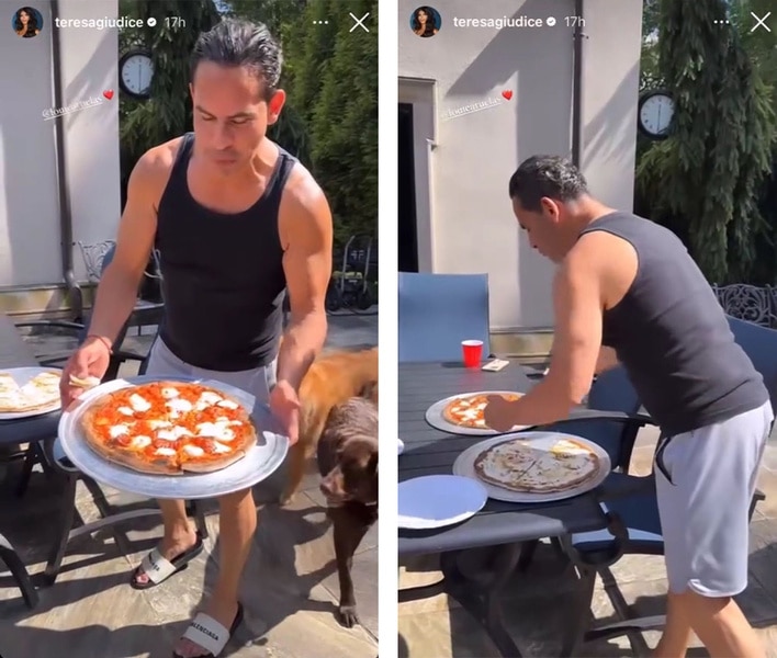 Louie Ruelas of The Real Housewives of New Jersey holds a pizza on Teresa Giudice's Instagram story.