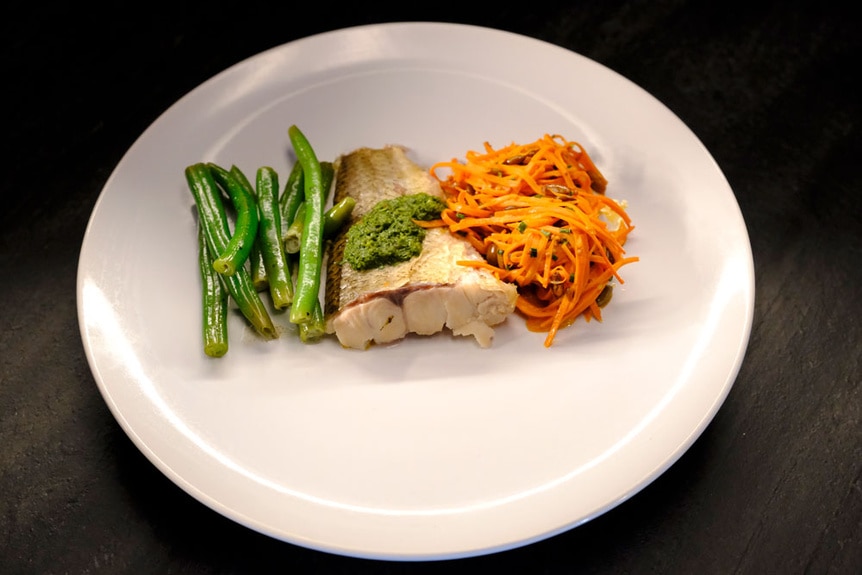 Sofrito boil, salsa verde, carrot slaw, French bean, and bonito salad.