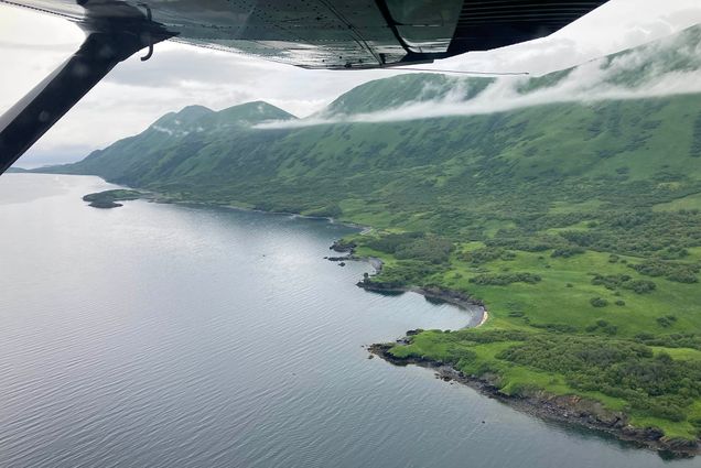 Photo: The view from the 4-seat floatplane of Kodiak Island, where The Alutiiq/Sugpiaq people have lived for over 7,500 years. A lush green island surrounded by water can be seen from a plane.