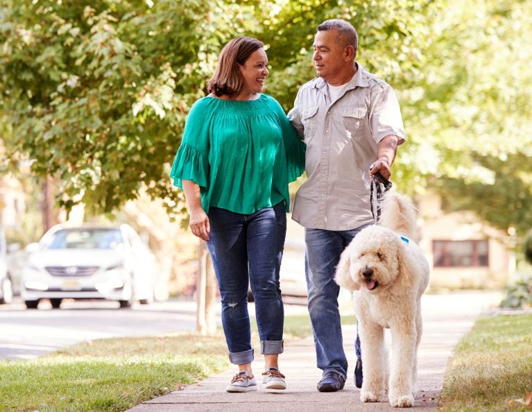 white couple walking white poodle-like dog