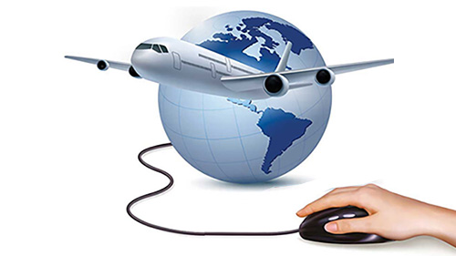 Globe with plane circling, connected to hand using a mouse