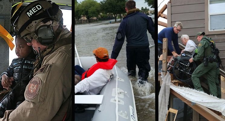 A graphic of an AMO rescue, OFO rescue and Border Patrol rescue during Hurricane Harvey