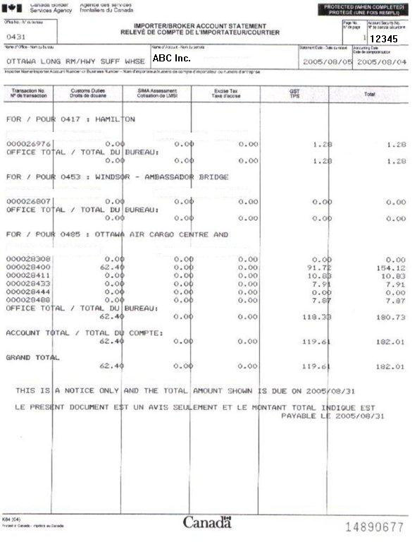 FORMULAIRE  K84, <i>RELEVEÉ DE COMPTE DE L'IMPORTATEUR/COURTIER</i> EXEMPLE DE RELEVÉ DE COMPTE QUOTIDIEN 