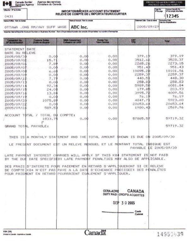 FORMULAIRE K84, <i>RELEVÉ DE COMPTE DE L'IMPORTATEUR/COURTIER</i> EXEMPLE DE RELEVÉ DE COMPTE MENSUEL