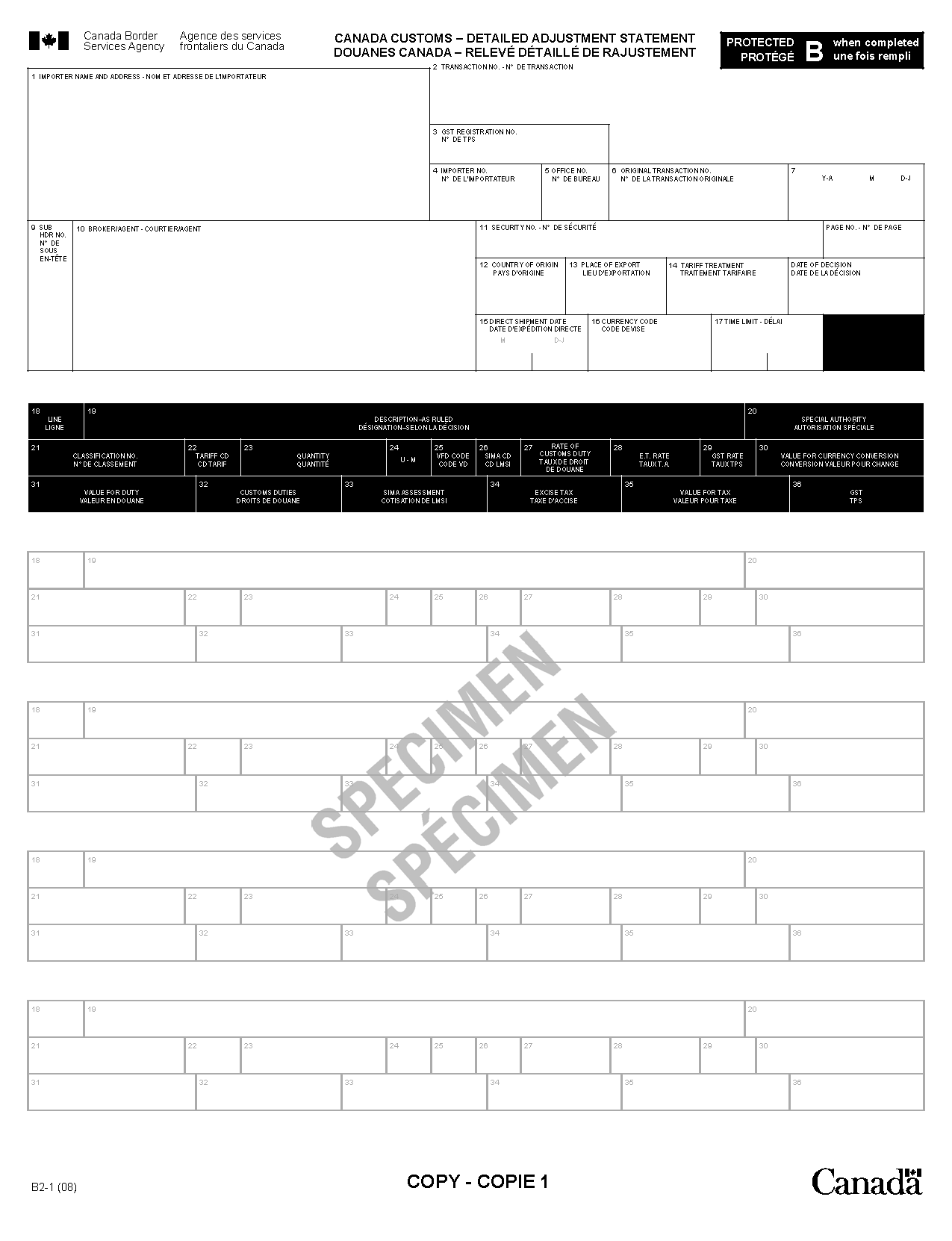 FORMULAIRE B2-1, <i>DOUANES CANADA — RELEVÉ DÉTAILLÉ DE RAJUSTEMENT</i>