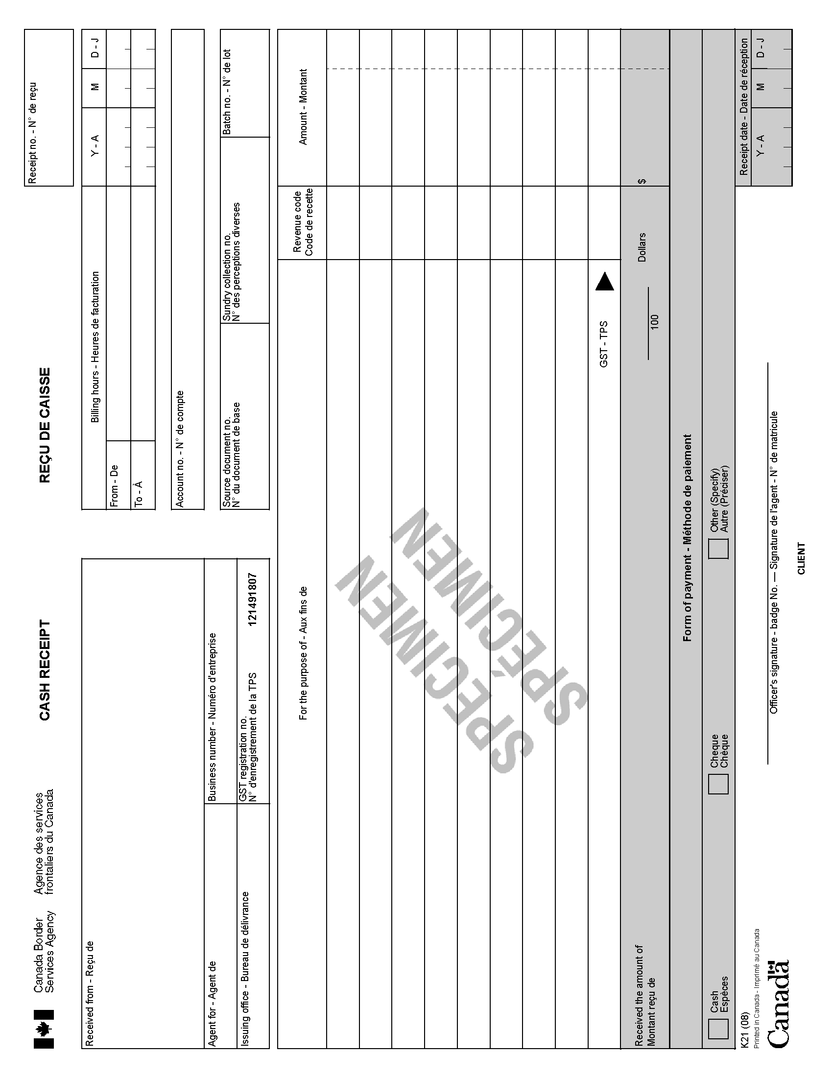 FORMULAIRE K21, <i>REÇU DE CAISSE</i>