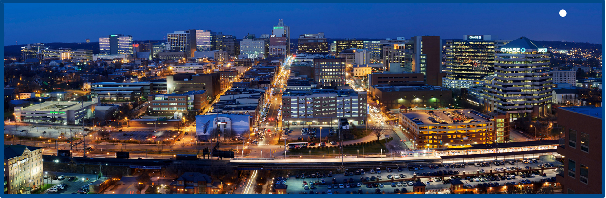 View of buildings along 11th Street at sunset in downtown Wilmin