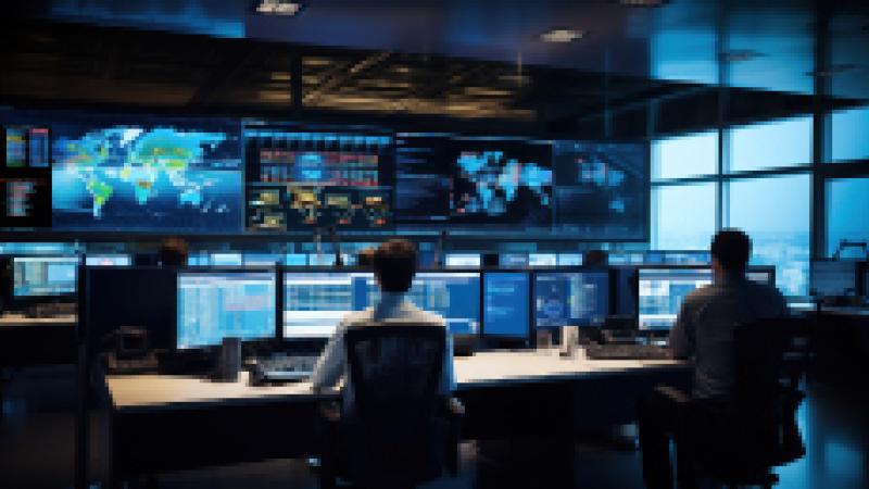 Multiple people sitting at desks in a room filled with large screens displaying maps and other technical data