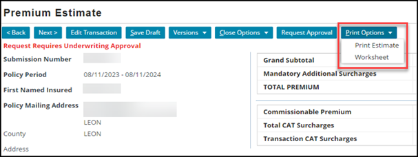 Print Options on the Premium Estimate screen